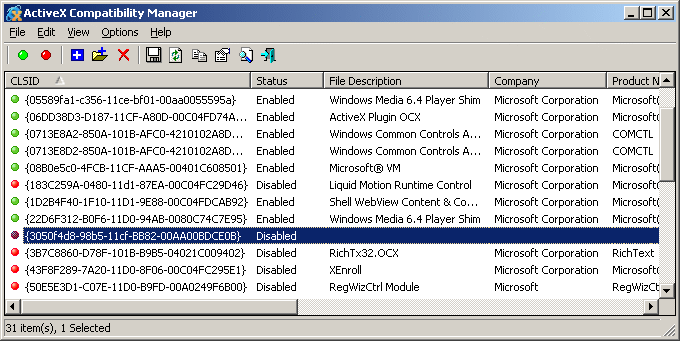 ActiveX Compatibility Manager - Disable/enable ActiveX components on IE.