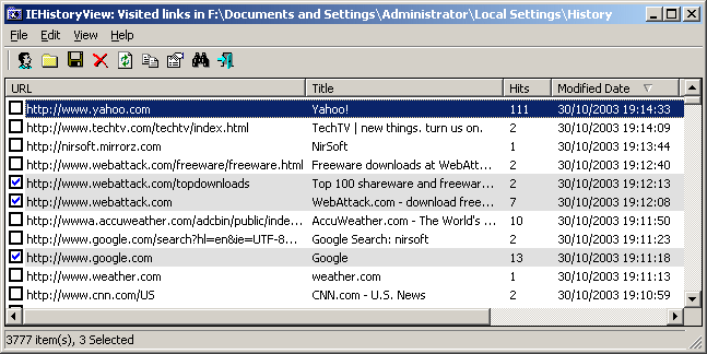 Displays the list of Web sites that you visited with IE Web browser.