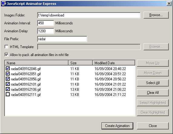 Creates Javascript animation  from image files on your local drive.