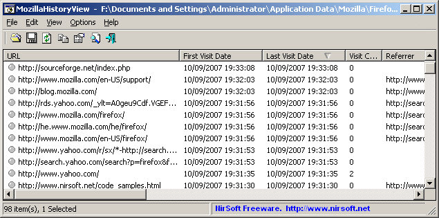 Displays the list of visited Web sites in Firefox/Mozilla/Netscape Web browsers.