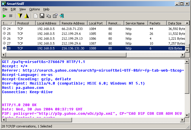 Captures TCP/IP packets and view the captured data as sequence of conversations.