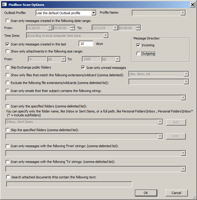 Outlook Attchment Scan Options