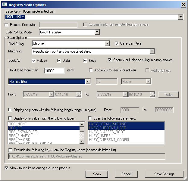 Registry Scan Options Window