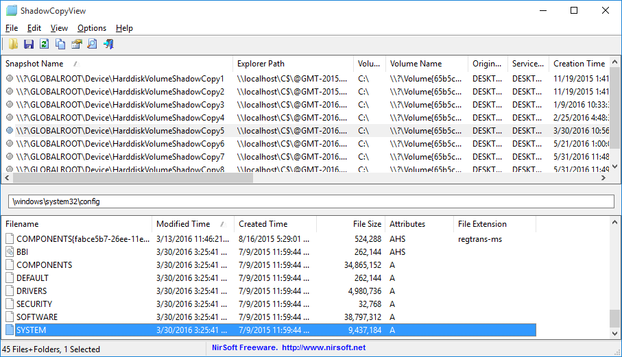 file system di dati di Windows Shadow