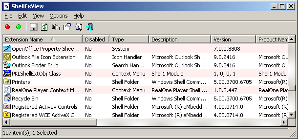 ShellExView freeware screenshot